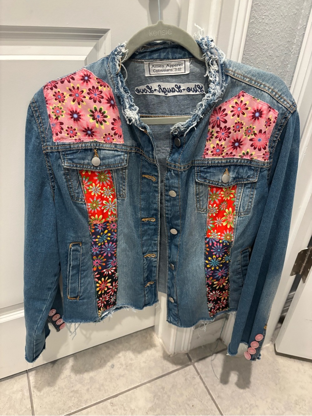 Women's Distressed Denim Jacket with Pink Floral Panels large